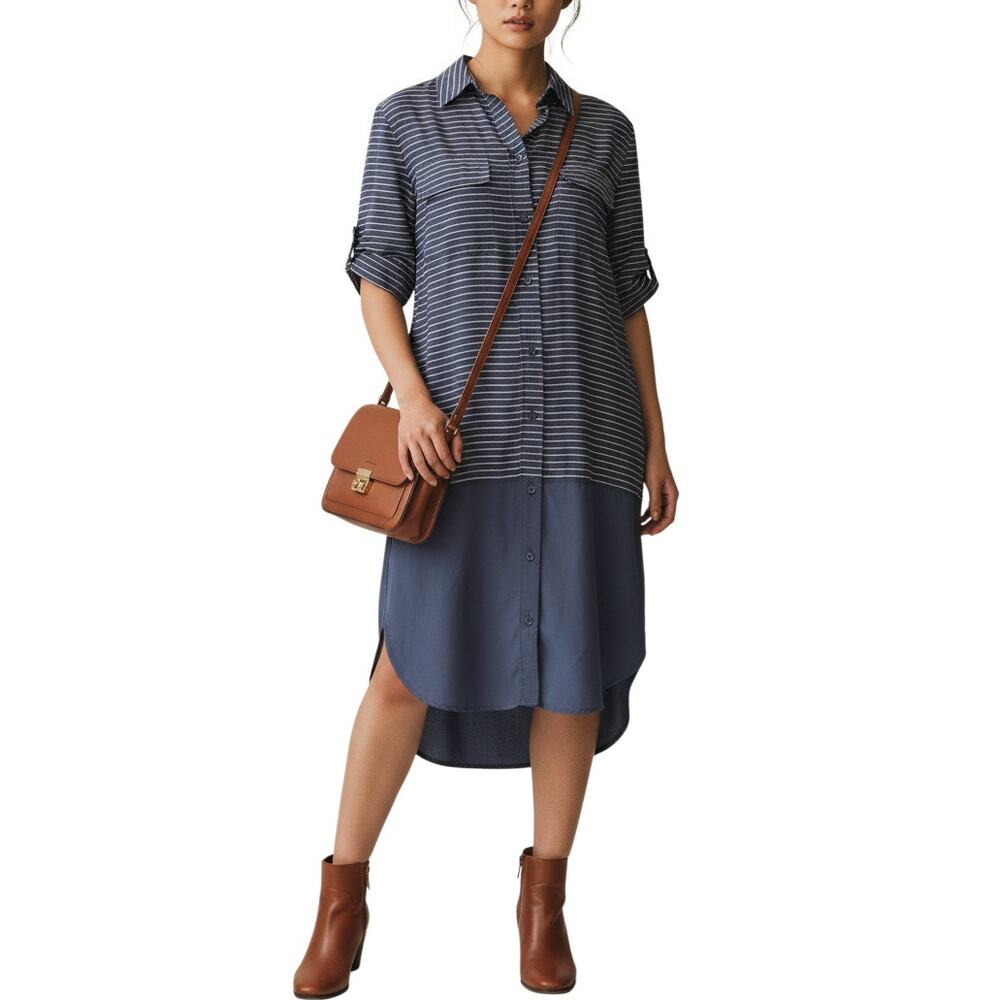 Navy Blue White Stripe Colorblock Silk Button Front Shirt Dress Roll Tab XS